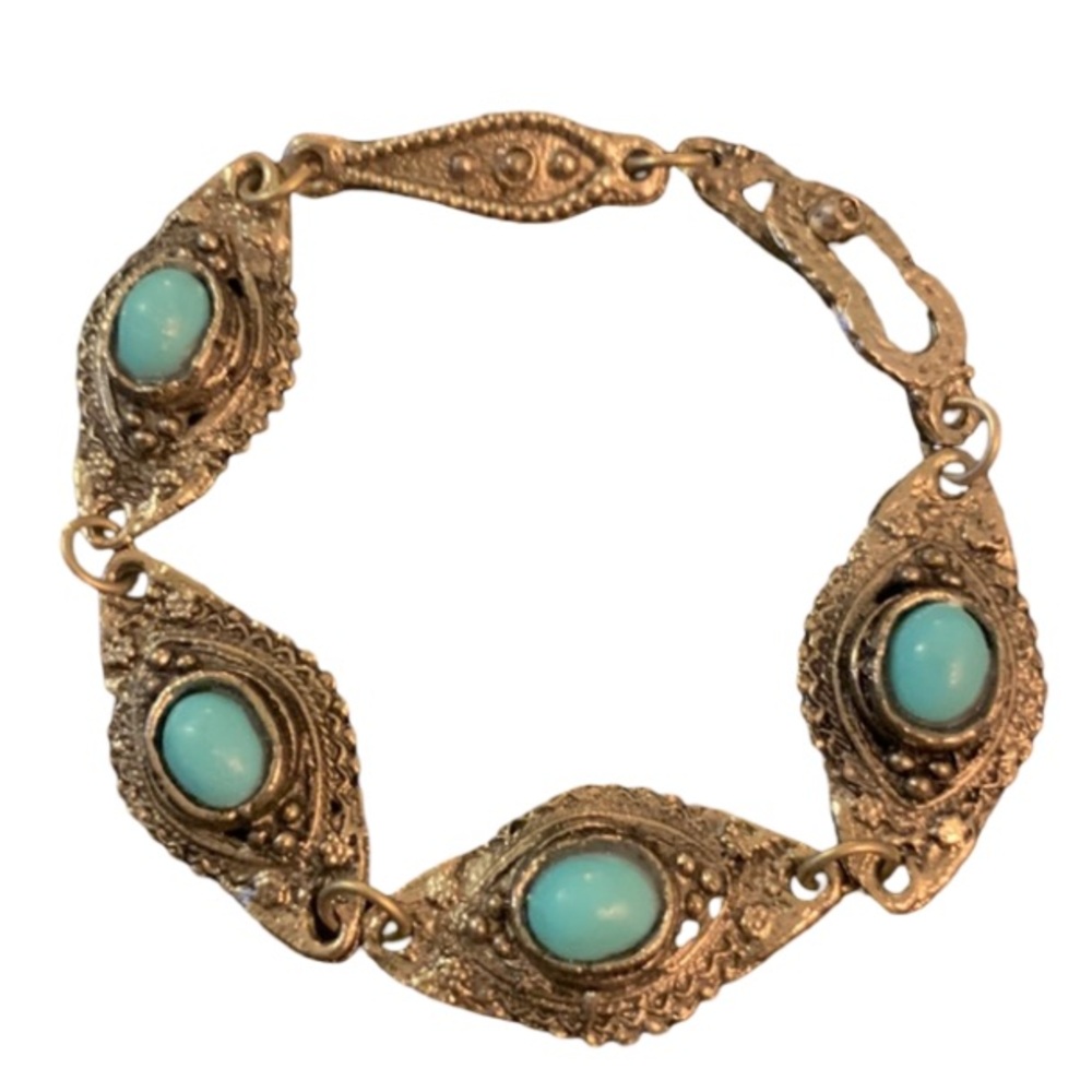 Vintage Tribal Turquoise Crystal Stone Turkish Silver  LInk  Bracelet